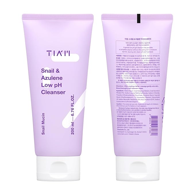 TIAM Snail&Azulene Low pH Cleanser, 6.76 fl oz, Daily Gentle Face Cleanser with Snail Mucin, Suitable for Sensitive Skin, pH Balancing, Korean Skin Care, Korean Face Wash