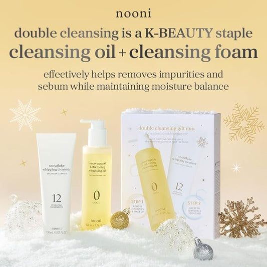 NOONI Korean Double Cleansing Duo Set - Oil Cleanser & Whipping Foam Face Wash | Pore Cleansing Oil & Foam for Sensitive Skin, Makeup Remover Oil, K-Beauty Glass Skin Care, Gift Set, Christmas Gifts