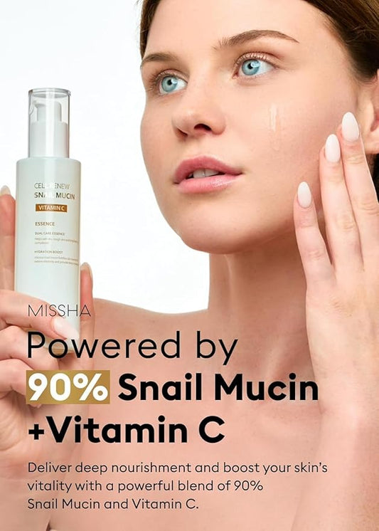 MISSHA Cell Renew Snail Mucin Vitamin C Essence Serum 3.38 Fl oz - Hydrating Korean Skincare for Glass Skin, Snail Mucin Serum for Improved Skin Texture & Complexion valentines day gifts for her