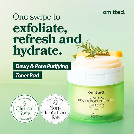 Omitted Fresh Lime Dewy & Pore Purifying Toner Pad - Pore Minimizer & Dead Skin Cells Exfoliator with LHA, Deep Hydration with Triple Hyaluronic Acid, Korean Skin Care, 70 pads, 5.41 fl. oz. (160ml)