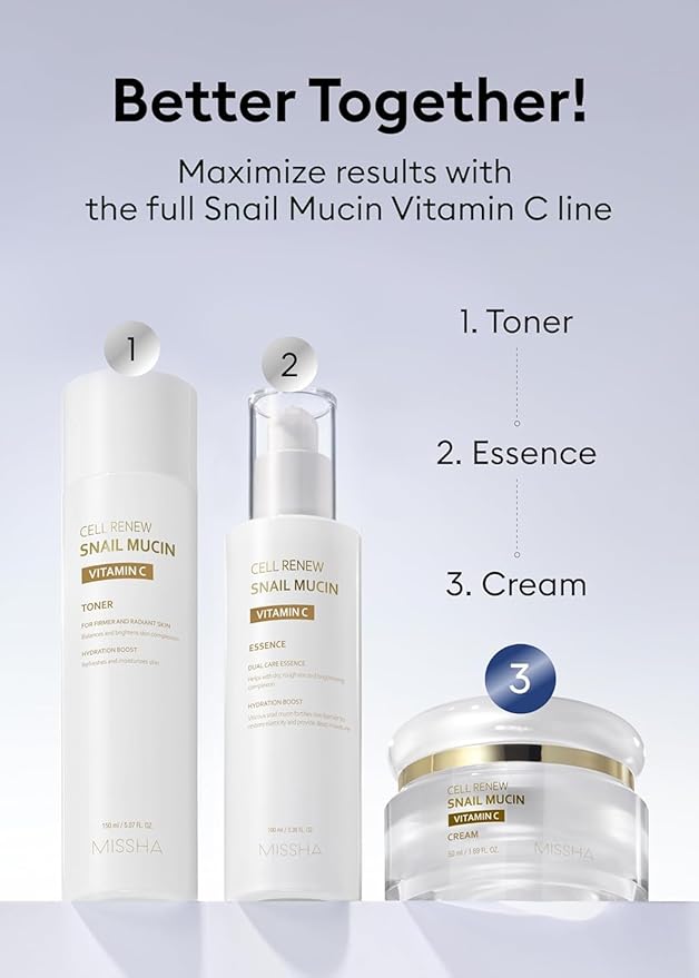 MISSHA Cell Renew Snail Mucin Vitamin C Cream 1.69 Fl oz, Hydrating Snail Mucin, Korean Skin Care for Improved Skin Texture & Youthful Glow, Korean Moisturizer, Kbeauty, Paraben Free