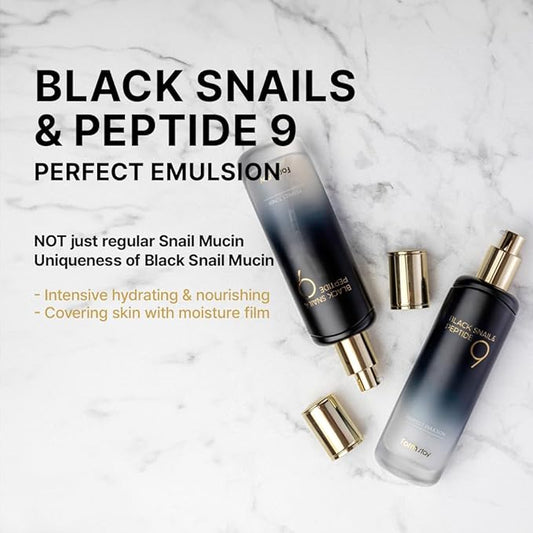 FARMSTAY Black Snail & Peptide 9 Perfect Emulsion, Snail Mucin Moisturizer for Elastic & Glow, Hydrating & Soften, Anti-aging, Barrier Repair, for Women & Men, Korean Skin Care, 4.05 fl.oz