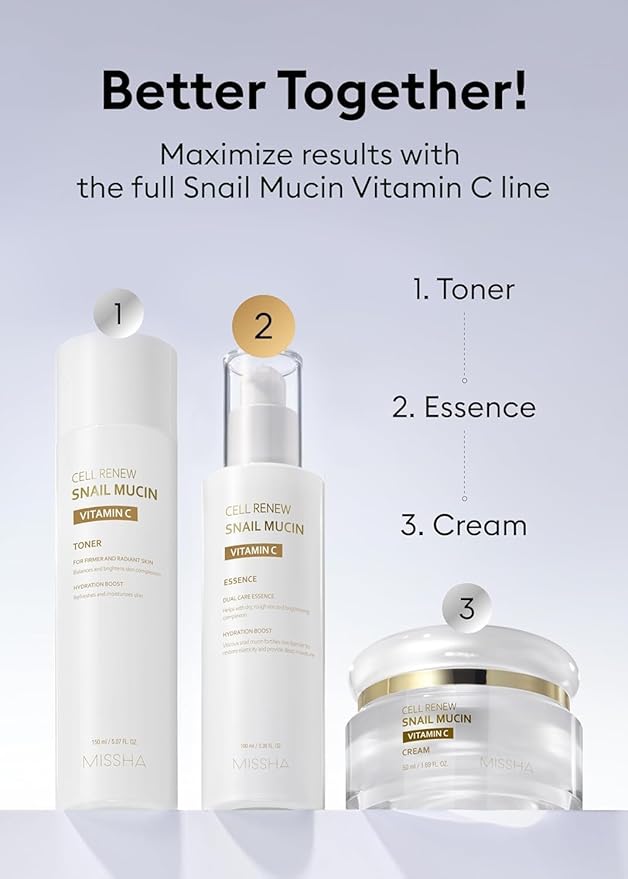 MISSHA Cell Renew Snail Mucin Vitamin C Essence Serum 3.38 Fl oz - Hydrating Korean Skincare for Glass Skin, Snail Mucin Serum for Improved Skin Texture & Complexion valentines day gifts for her