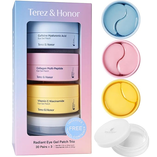 TEREZ & HONOR Eye Patches Gift Set - 3-Pack (x 60 Pcs) Korean Hydrogel Eye Masks with Caffeine, Collagen & Vitamin C - For Puffy Eyes, Dark Circles, Fine Lines, Wrinkles & Bags, Travel Case Included