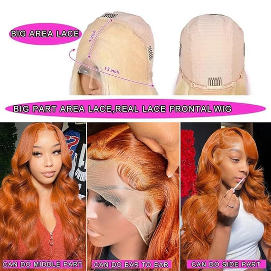 #350 Ginger Body Wave Lace Front Wigs Human Hair 13x4 HD Ginger Orange Lace Front Wig Wear and Go Glueless Orange Wigs Human Hair Pre Plucked With Baby Hair 26 Inch Colored Frontal Wig For Black Women