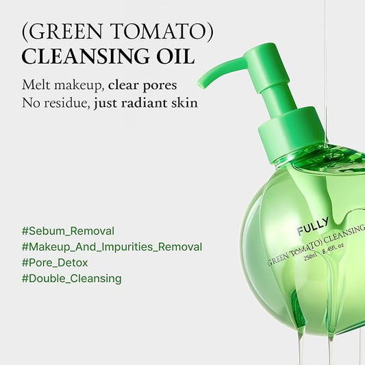 FULLY Green Tomato Pore Cleansing Oil, Daily Oil Cleanser with BHA & Green Tomato for Makeup Removal, Sebum Control, Blackhead Removal for Sensitive Skin, Vegan Korean Skincare, 8.45 fl.oz
