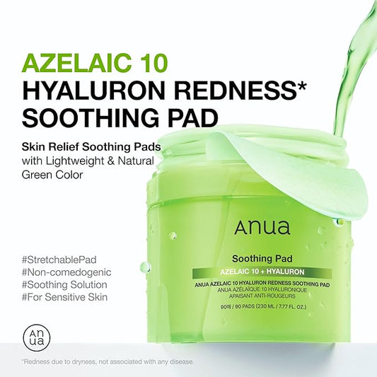Anua Azelaic 10 Hyaluron Redness Soothing Pad, Troubled & Spot Care with Korean toner pads, Quick & Easy Stretchable Facial Mask with Azelaic acid, Hyaluronic Acid, Korean Skin Care (90 pads)