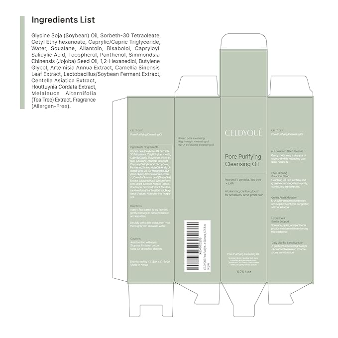 Pore Purifying Cleansing Oil β Korean Face Wash with Centella, Tea Tree, Green Tea & LHA β Gentle Makeup Remover for Sensitive, Acne-Prone Skin, Deep Pore Cleanser, 6.76 fl oz