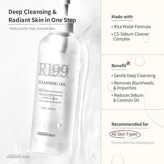 R199 Rice Cleansing Oil – Oil Cleanser for Face & Pore Care, Blackhead & Sebum Remover, Daily Makeup Remover, Double Cleansing, Sensitive Skin, Korean Skin Care, 6.76 fl oz
