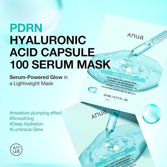 ANUA PDRN Hyaluronic Acid Capsule 100 Serum Mask, everyday glow korean sheet mask with Salmon PDRN, Hyaluronic acid, Collagen, Self home care facial mask for glass skin, Korean skin care (10EA)