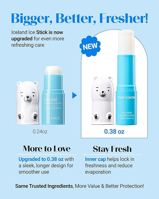 THESAEM Iceland Hydrating Eye Stick - Cooling Balm - Dark Circles & Puffiness – Under Eye Treatment - Reduce Wrinkles and Moisturizing - Minimize Dark & Puffy Eyes - Aqua Scent, 0.38 oz 2 Pack