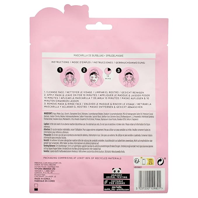 Oh K! Bubble Sheet Mask - Grapefruit - Korean Face Mask Sheet - Facial Skin Care Products - Clean Korean Skincare - Hydrating Face Sheets - 1 Pc (Pack of 3)