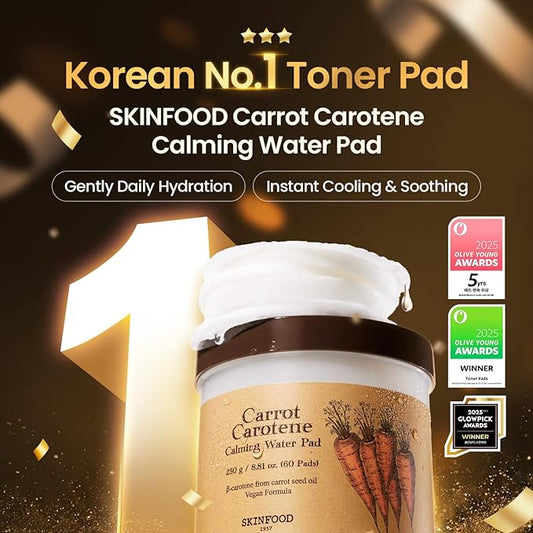 SKINFOOD Carrot Carotene Toner Pads, Hydrating & Soothing for Dry Skin, Instant Cooling, After Sun & Heat Care, Cotton Facial Toner Pads, Korean Skincare for Face (60 Counts)