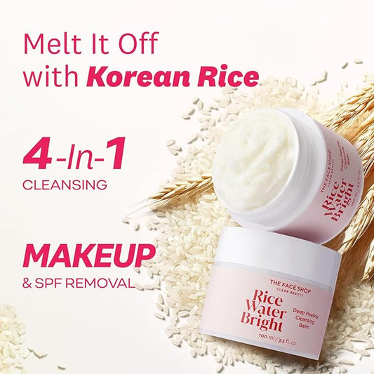 The Face Shop Rice Water Bright Cleansing Balm, Removes Makeup & SPF, 4-in-1 Makeup Remover, for All Skin Types, Korean Rice Extract, Lavender Oil, 100ml / 3.3 fl. oz.