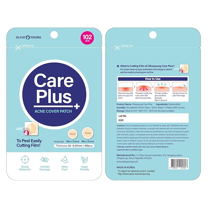 OLIVE YOUNG Care Plus Spot Patch | Hydrocolloid Acne Korean Spot Patch to Cover Zits, Pimples and Blemishes, for Troubled Skin and Face (Hydrocolloid, 306 Count (Pack of 3))