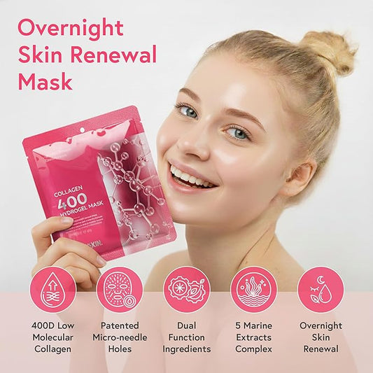 PRETTYSKIN Korean Hydrogel Sleeping Mask (5 Sheets) – 400 Dalton Collagen + Panthenol | Overnight Moisture & Firmness Support for Dry, Tired Skin