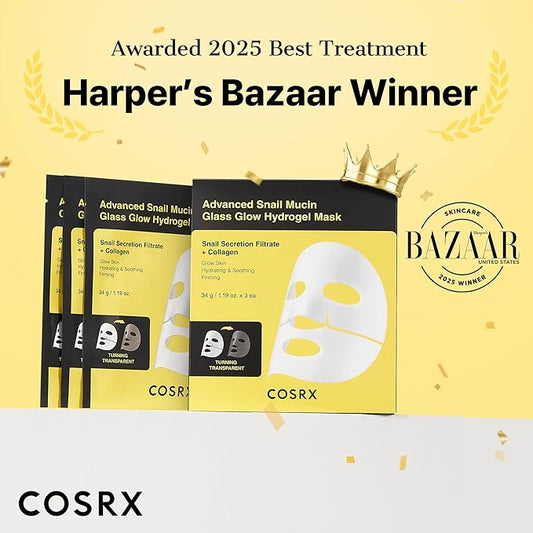 COSRX Advanced Snail Mucin Glass Glow Hydrogel Face Masks Skincare 3 EA, Collagen Face Mask, Travel Essentials, Overnight Face Mask, Korean Skin Care