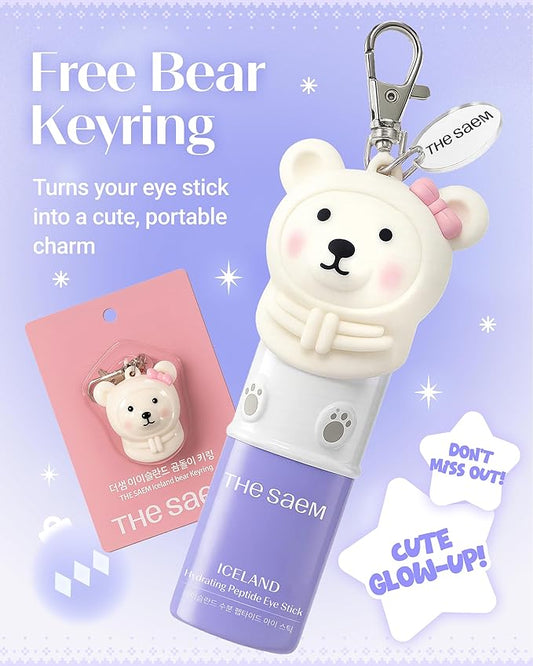 THESAEM Iceland Hydrating Peptide Eye Stick with Cute Bear Keyring Set - 5-Peptides Cooling Balm for Loose Skin – Under Eye Treatment with Glacier Water - Portable K-Beauty Charm, Daisy Scent, 0.38oz
