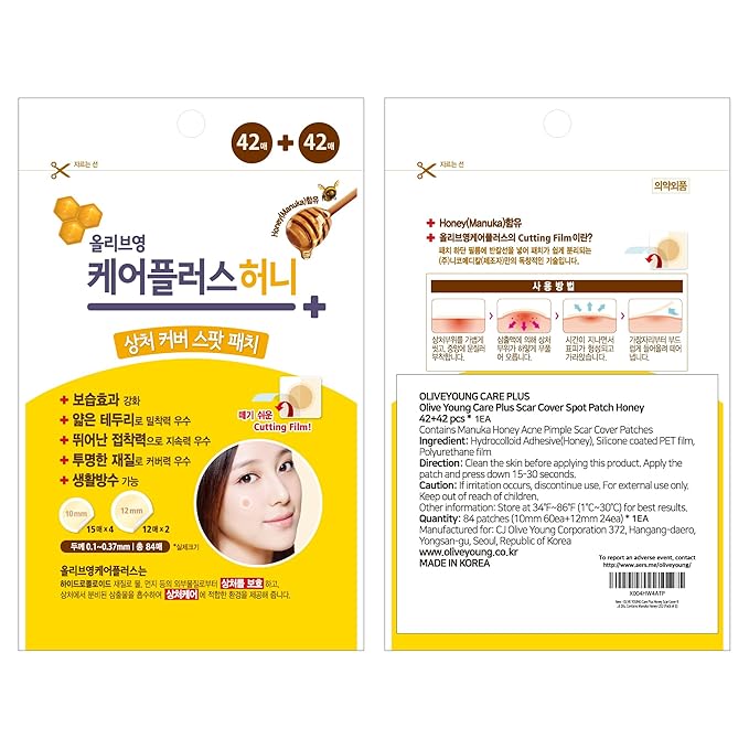 OLIVE YOUNG Care Plus Spot Patch | Hydrocolloid Acne Korean Spot Patch to Cover Zits, Pimples and Blemishes, for Troubled Skin and Face (Manuka Honey, 84 Count (Pack of 1))