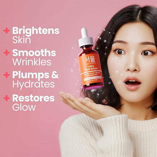 SeoulCeuticals Korean Skin Care 97.5% Snail Mucin Serum – K Beauty Skincare Anti Wrinkle Cica Night Serum Hyaluronic Acid for Face 1oz