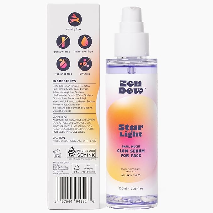 Clinically Advanced Korean Snail Mucin Serum - Star Light by Zen Dew (3.38 oz) Brightening, Anti-Aging & Hydrating K Beauty Face Serum for Glass Skin Glow – Smoothing Korean Skin Care