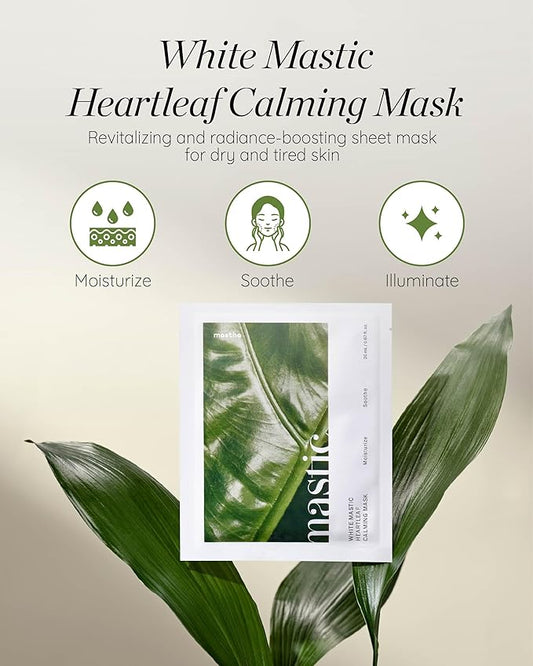 MASTINA White Mastic Face Mask (Heartleaf Calming, 4 pc) Premium Korean Skin Care for Soothing & Deep Moisturization. Sensitive Tired Skin White Mastic Cica Vegan Sheet Masks