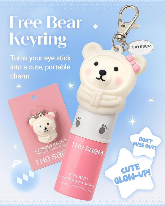 THESAEM Iceland Hydrating Collagen Eye Stick with Cute Bear Keyring Set - 6 Types Collagen Anti-Wrinkle Cooling Balm for Saggy Skin – Under Eye Treatment - Portable K-Beauty Charm, Rose Scent, 0.38oz
