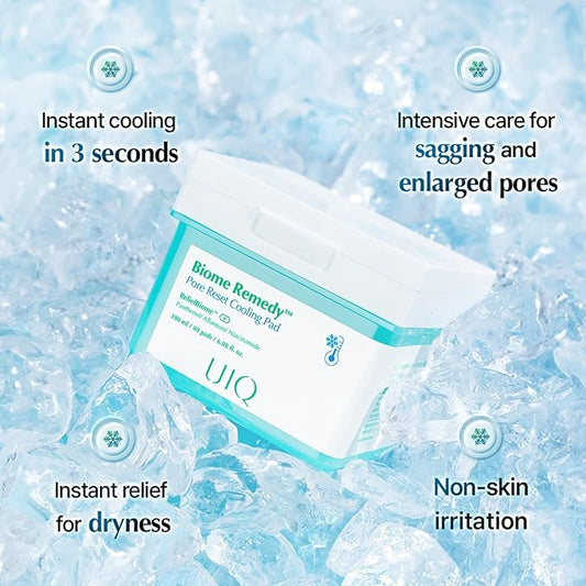 UIQ Biome Remedy Pore Reset Cooling Pad, Hydrating & Cooling Korean Toner Pads, Instant Cooling for Dry, Overheated skin, Pore Care with Panthenol, Allantoin, Niacinamide 80 Pads, 6.08 fl. oz.