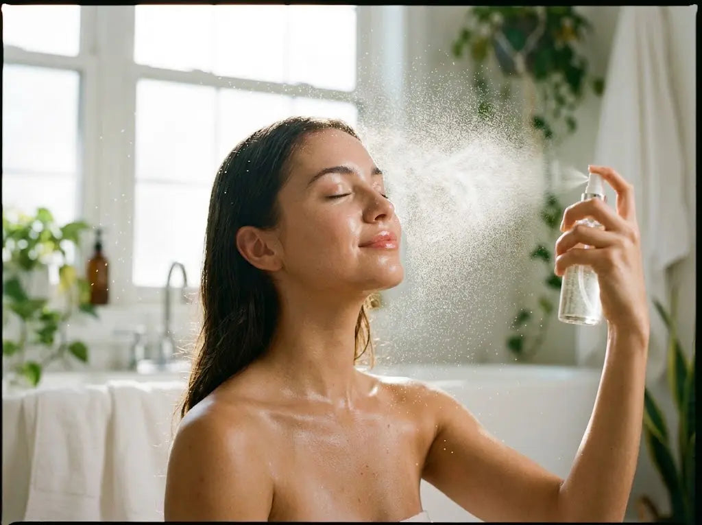 A woman spraying hydrating mist serum on her face to achieve a glowing, dewy skin look.