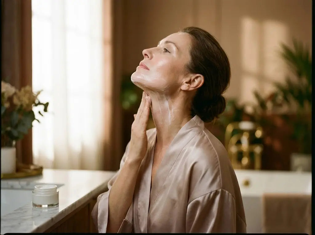 An elegant woman applying anti-aging neck cream with upward massage strokes to prevent wrinkles.