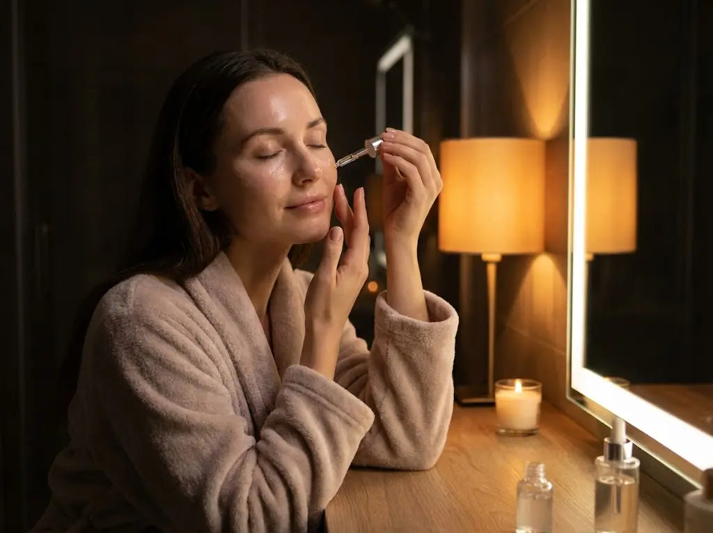 A woman applying gentle bakuchiol serum during a relaxing evening skincare routine.