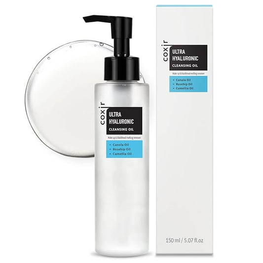 coxir ULTRA HYALURONIC CLEANSING OIL-Hydrating Korean Oil Cleanser for Makeup & Blackheads, Multi-Layer Hyaluronic Acid |Vegan Formula for All Skin Types, Non-Comedogenic Face Cleanser | 5.07 fl oz