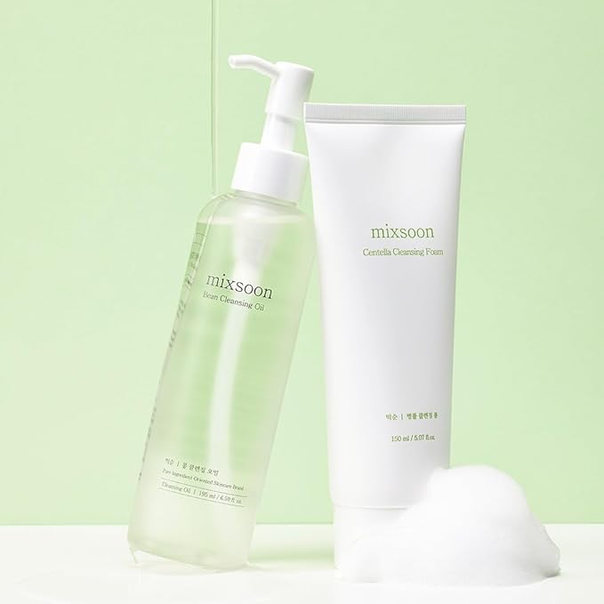 mixsoon Double Cleansing Set 2-Step Routine, Centella Foam & Bean Cleansing Oil Face Wash Set Gentle Deep Clean and Hydrating Care 150ml / 5.07 fl.oz., 195ml / 6.59 fl.oz. Korean Glass Skin Care