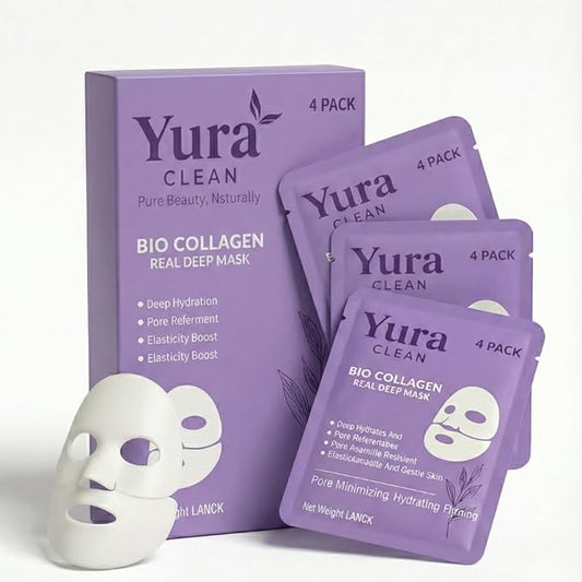 Yura Clean Collagen Face Mask – Korean Overnight Bio-Collagen Sheet Mask for Glowing, Hydrated & Firm Skin – Anti-Aging, Moisturizing & Skin Rejuvenation – 4 Pack – Ideal Holiday Gift for Women