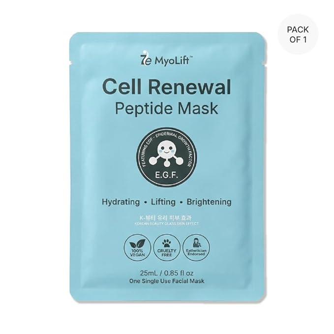 MYOLIFT Cell Renewal Peptide Mask(EGF)– 100%Vegan, Bio-Cellulose FaceMask for CellRenewal, Skin Firming, Hydrating & Brightening-with Niacinamide, Hyaluronic Acid& EGF|Korean Skincare Sheet Mask–Pack1