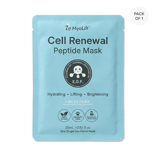 MYOLIFT Cell Renewal Peptide Mask(EGF)– 100%Vegan, Bio-Cellulose FaceMask for CellRenewal, Skin Firming, Hydrating & Brightening-with Niacinamide, Hyaluronic Acid& EGF|Korean Skincare Sheet Mask–Pack5