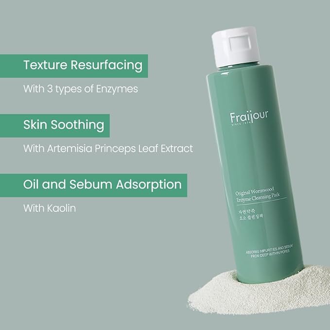 Fraijour Wormwood Enzyme Cleansing Pack – Korean Powder Face Cleanser & Exfoliant with Papaya Enzyme, AHA BHA PHA, Low pH, Clears Acne & Pores, Smooths Texture, for All Skin Types, 2.82 oz.