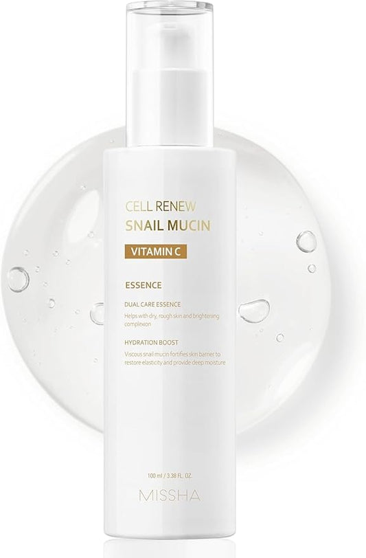 MISSHA Cell Renew Snail Mucin Vitamin C Essence Serum 3.38 Fl oz - Hydrating Korean Skincare for Glass Skin, Snail Mucin Serum for Improved Skin Texture & Complexion valentines day gifts for her