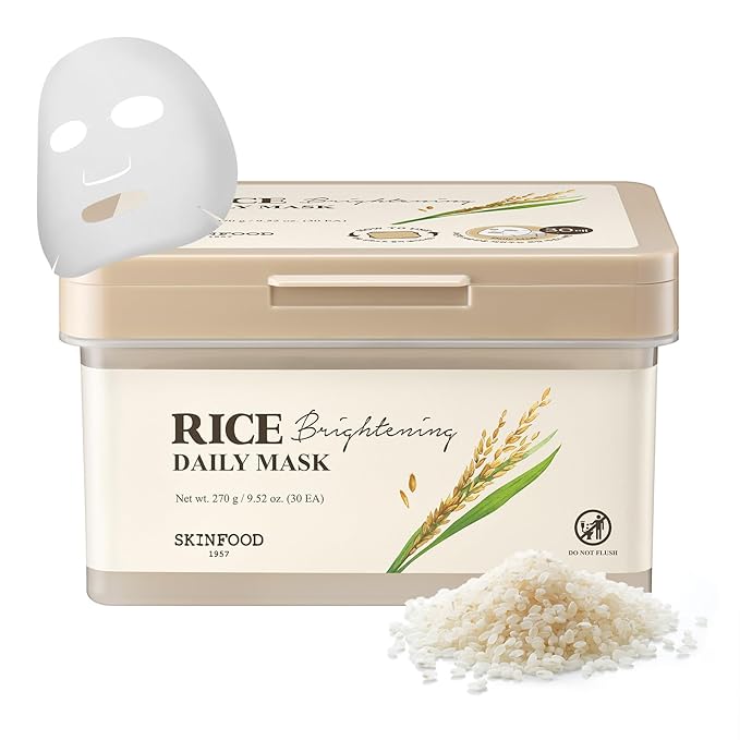 SKINFOOD Rice Daily Sheet Mask, 5-Minute Firming, Nourishing, Hydrating Face Mask for Smooth, Clear, Glass Skin, Korean Skincare, Bulk Pack (30EA)