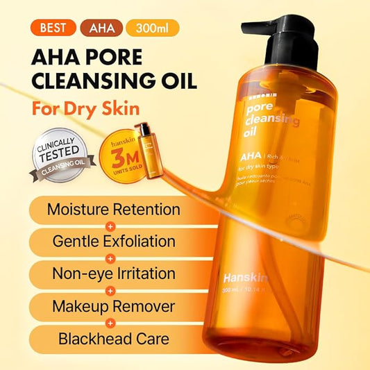 Hanskin AHA Pore Cleansing Oil for Dry Skin, Exfoliating, Waterproof Makeup Sebum Remover Facial Oil Cleanser for Face, Moisturizing for Soft Skin, Korean Skincare [AHA/10.14 oz.]