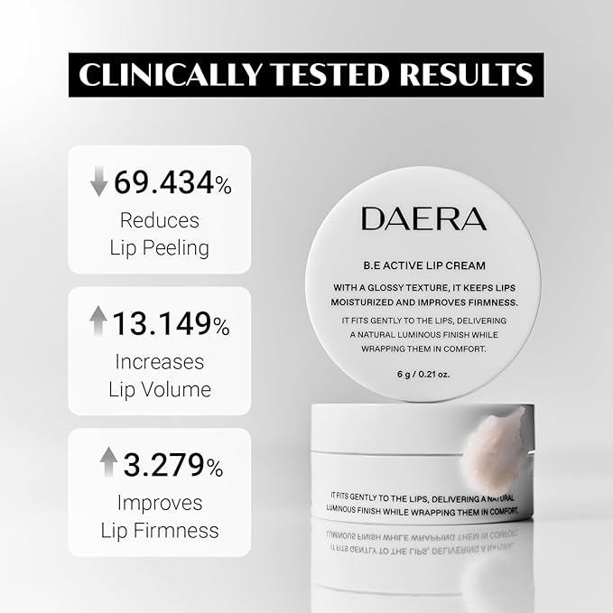 Daera B.E Active Lip Cream 6g, Hydrating, Moisturizing and Plumping Korean Overnight Sleeping Mask for Dry Lips, Glossy Finish, Natural Ingredients, Non-Irritating, Gentle for Sensitive Skin