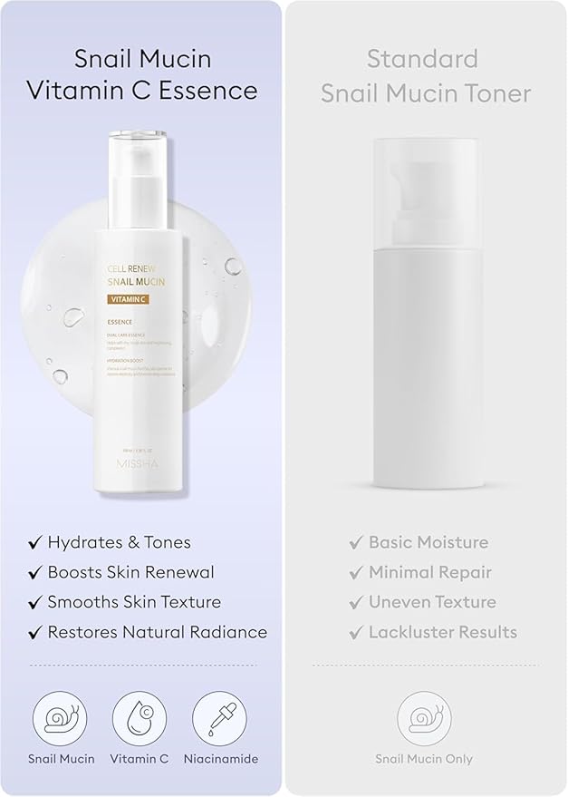 MISSHA Cell Renew Snail Mucin Vitamin C Essence Serum 3.38 Fl oz - Hydrating Korean Skincare for Glass Skin, Snail Mucin Serum for Improved Skin Texture & Complexion valentines day gifts for her