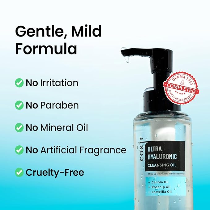 coxir ULTRA HYALURONIC CLEANSING OIL, Travel-Size, Korean Facial Cleanser l Blackhead, Makeup Removal with Hyaluronic Acid, Cruelty Free, No Mineral Oil [1.69fl.oz (Pack of 1)]