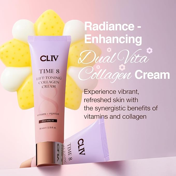 CLIV Time 8 Lift Toning Collagen Cream – Korean Skincare Hydrating Face Moisturizer with Peptides, Niacinamide & Multi-Vitamin Complex – 2.7 fl oz (80ml)