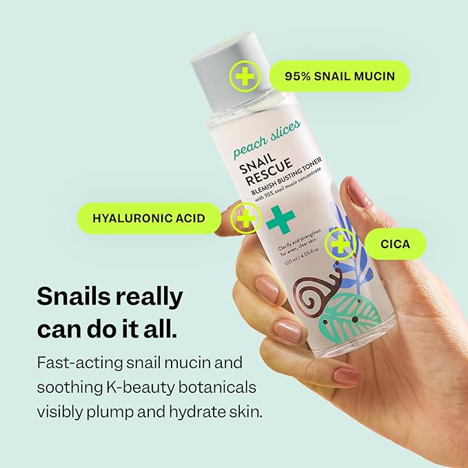 Peach Slices - Snail Rescue Blemish Busting Toner (4.05 oz) - 95% Snail Mucin Concentrate - Clarify, Strengthen, Balance - Hyaluronic Acid & CICA - Vegan & Cruelty Free - Korean Skin Care & Beauty