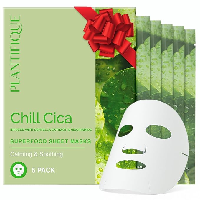 PLANTIFIQUE Facial Sheet Mask Chill Cica 5 Pack – Calming & Soothing Face Mask Sheets with Centella & Niacinamide – Korean Skincare for Skin Comfort and Even Texture