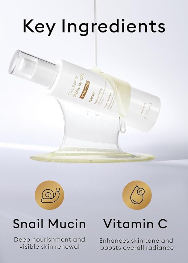 MISSHA Cell Renew Snail Mucin Vitamin C Essence Serum 3.38 Fl oz - Hydrating Korean Skincare for Glass Skin, Snail Mucin Serum for Improved Skin Texture & Complexion valentines day gifts for her