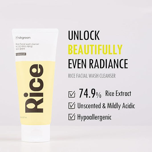 VEGREEN Rice Bran Facial Cleanser: Gentle Low pH Face Wash for Sensitive Skin - Hydrating & Brightening Korean Gel Cleanser, Fragrance-Free, Vegan Formula, 150ml (5.07 fl.oz)