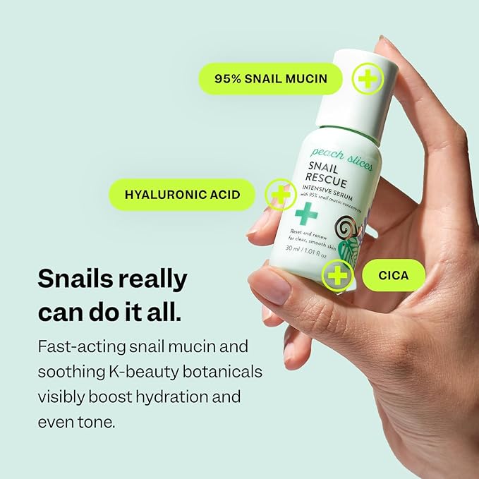 Peach Slices - Snail Rescue Intensive Serum (1.01 oz) - 95% Snail Mucin Concentrate - Reset, Renew & Smooth - Birch Juice, Hyaluronic Acid & Cica - Vegan & Cruelty Free - Korean Skin Care & Beauty