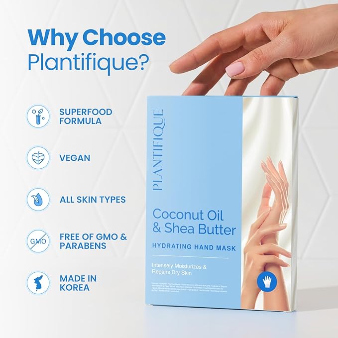 PLANTIFIQUE Hand Mask for Dry Hands – 4 Pairs Moisturizing Gloves with Shea Butter | Hyaluronic Acid & Macadamia | Korean Skincare | Vegan Spa Hand